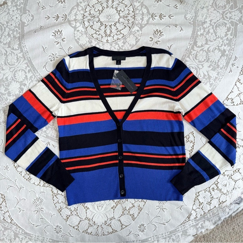Worthington Blue Black Orange Striped Women's Cardigan long sleeve v-neck button